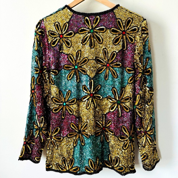 Vintage 1980's Evening Sequin Floral Design Jacket By Royal Feelings Size M - Picture 5 of 6
